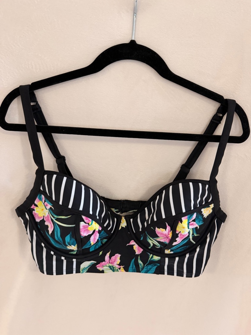 Torrid Striped Floral Bustier Swim Top - Black with Pink & Teal Flowers
